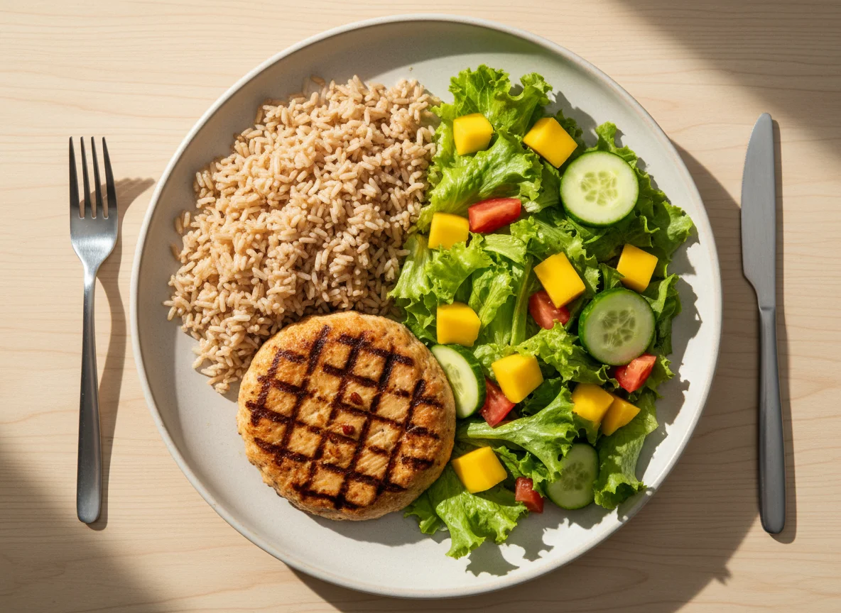 Arroz integral com hambúrguer de frango e salada mista photo