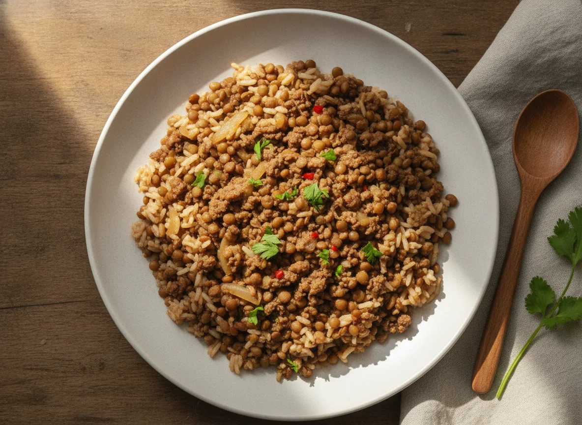 Arroz integral com lentilha e carne moída photo