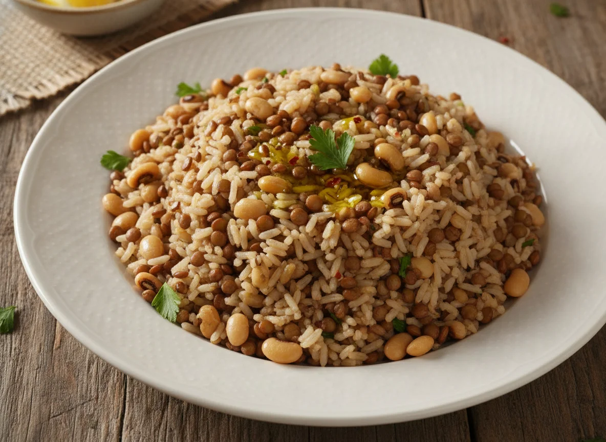 Arroz integral com lentilha e feijão fradinho photo