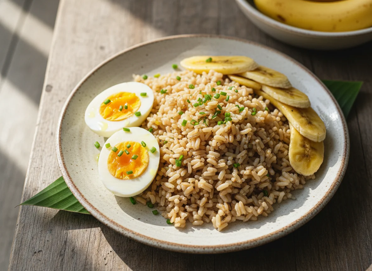 Arroz integral, ovos cozidos e banana photo