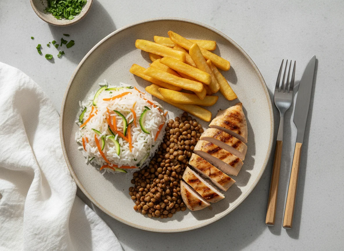 Arroz Konjac com legumes, lentilha, frango grelhado e batata frita photo