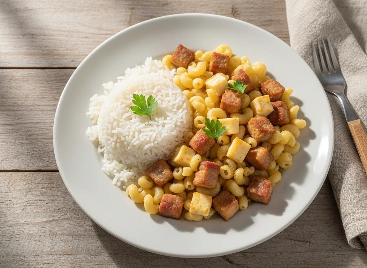 Arroz, macarrão e carne de porco photo