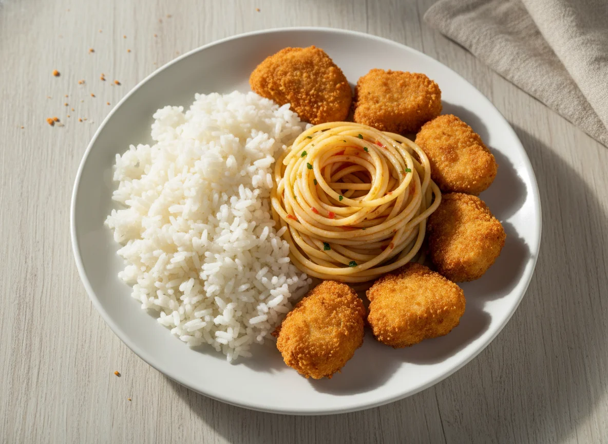 Arroz, macarrão e nuggets de frango photo