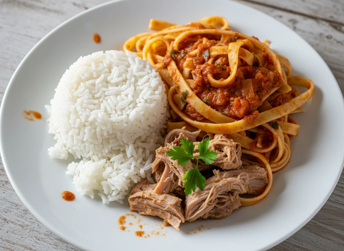 Arroz, Massa com Molho e Carne photo