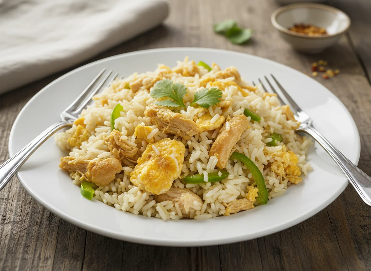 Arroz mexido com frango e ovos photo