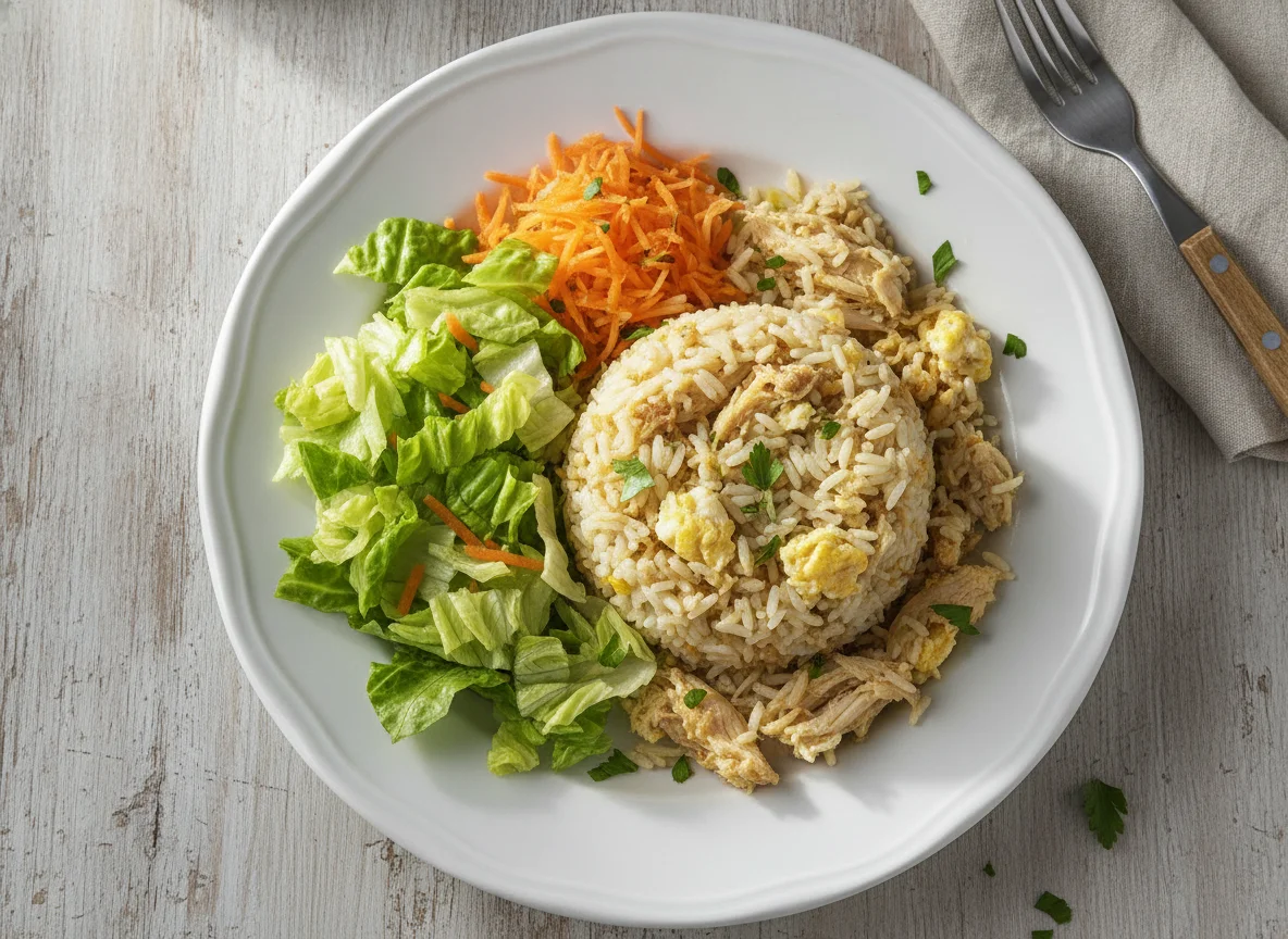 Arroz mexido com frango e salada photo