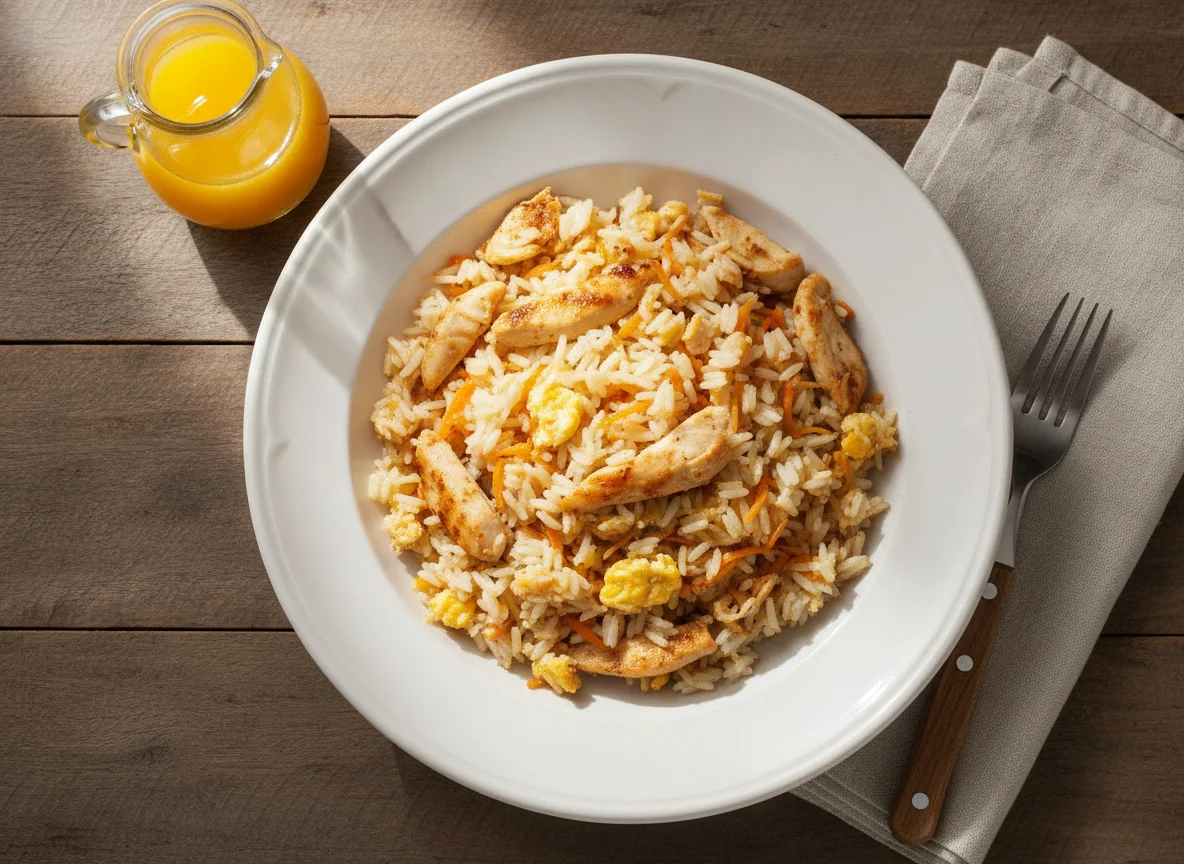 Arroz mexido com frango, ovo e cenoura photo