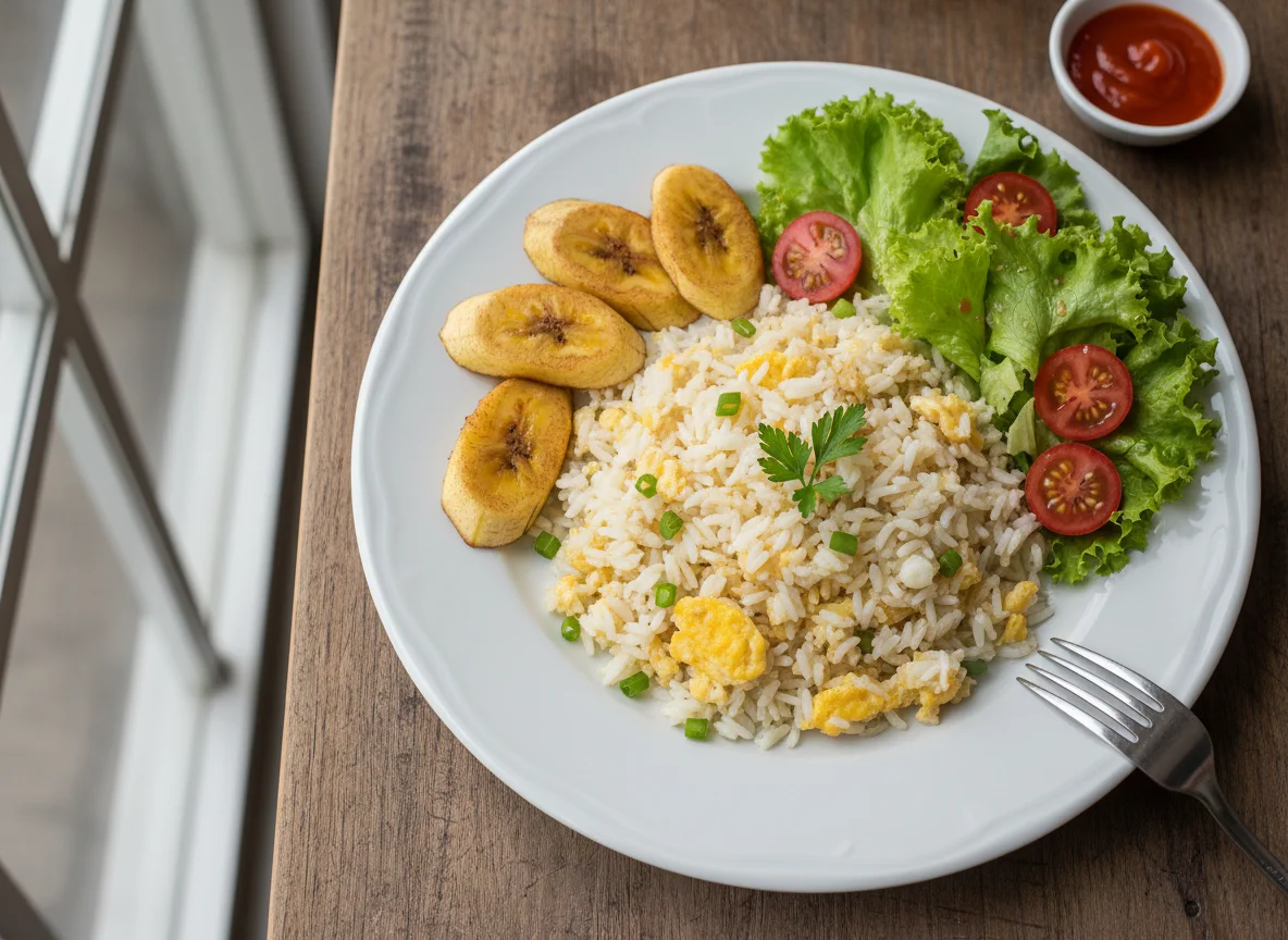 Arroz mexido com ovo, banana e salada photo