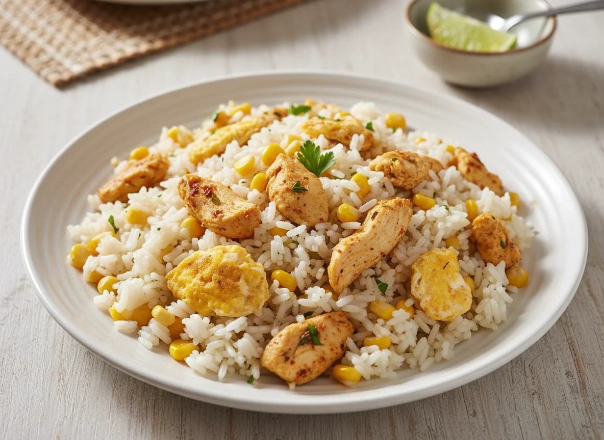 Arroz mexido com ovos e frango desfiado photo