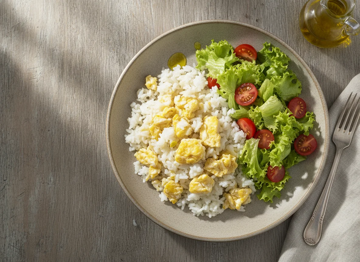 Arroz mexido com ovos e salada photo