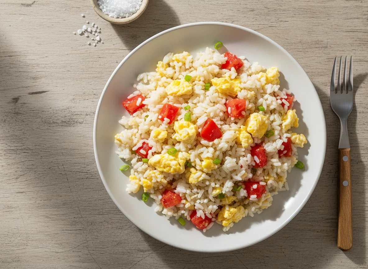 Arroz mexido com ovos e tomate photo