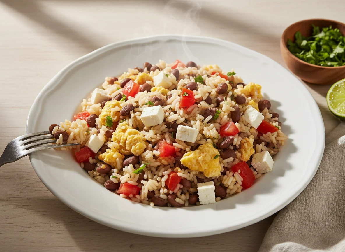 Arroz mexido com ovos, tomate, feijão e queijo minas photo