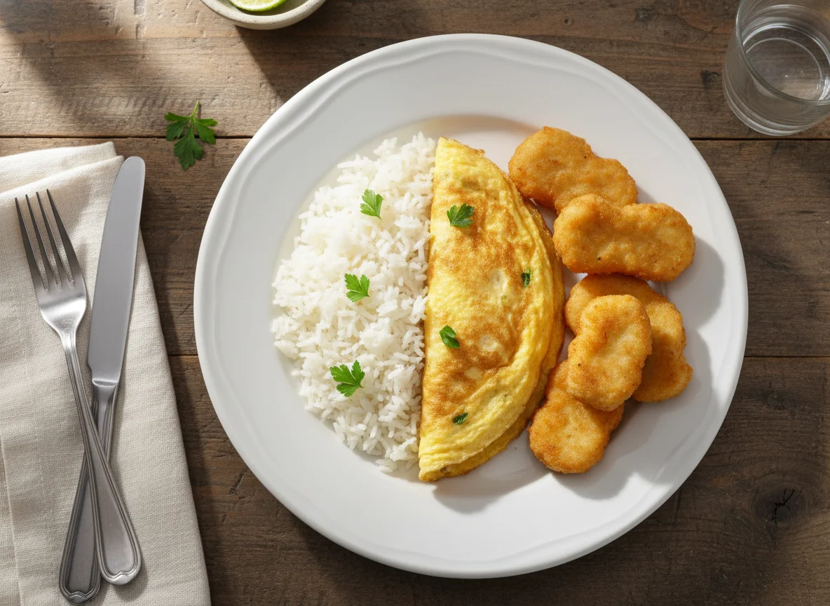 Arroz, omelete e nuggets de frango photo