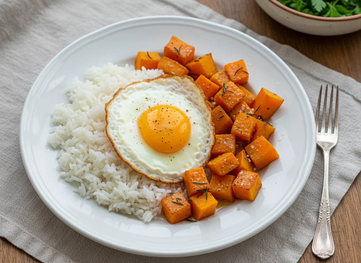 Arroz, ovo frito e abóbora assada photo