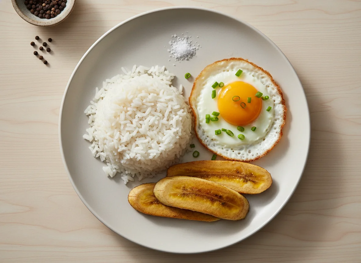 Arroz, ovo frito e banana photo