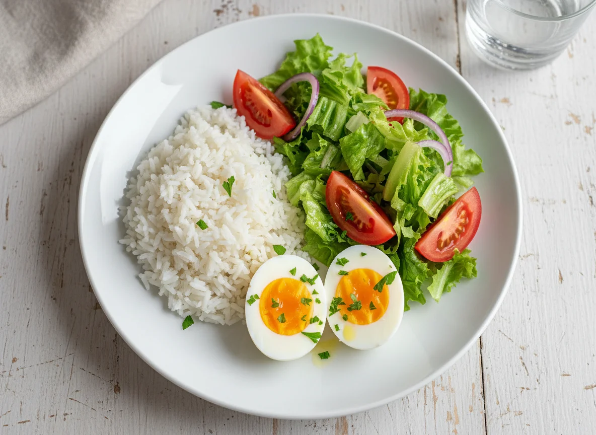 Arroz, ovos cozidos e salada photo