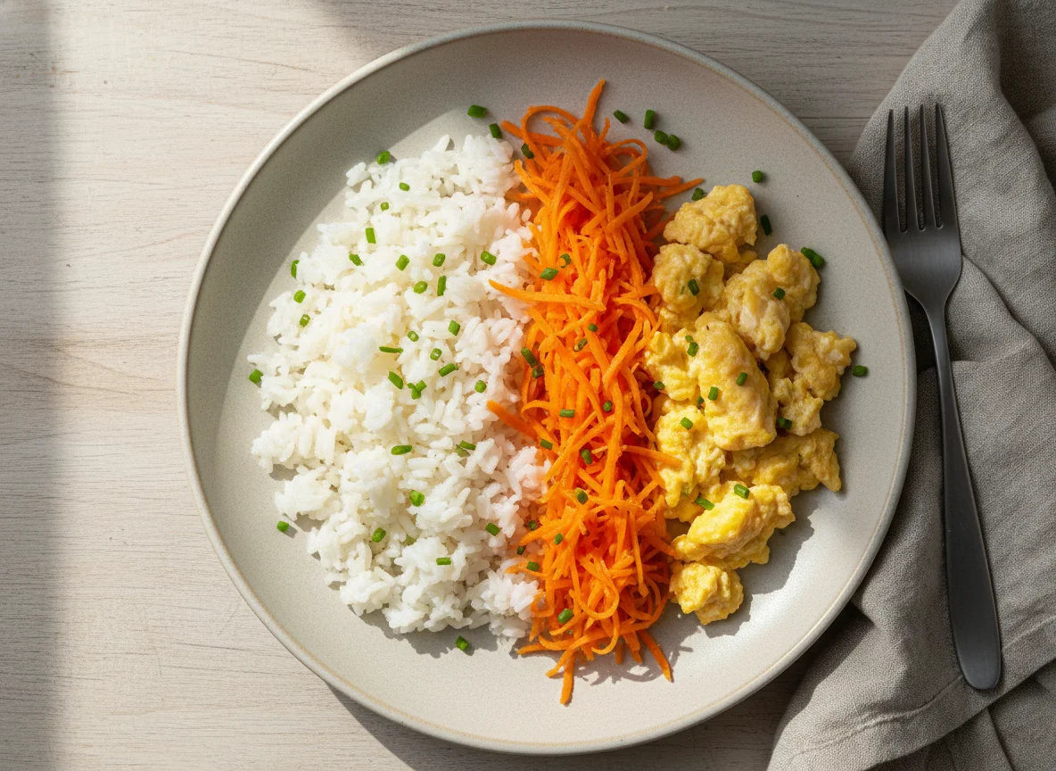 Arroz, ovos mexidos e cenoura ralada photo