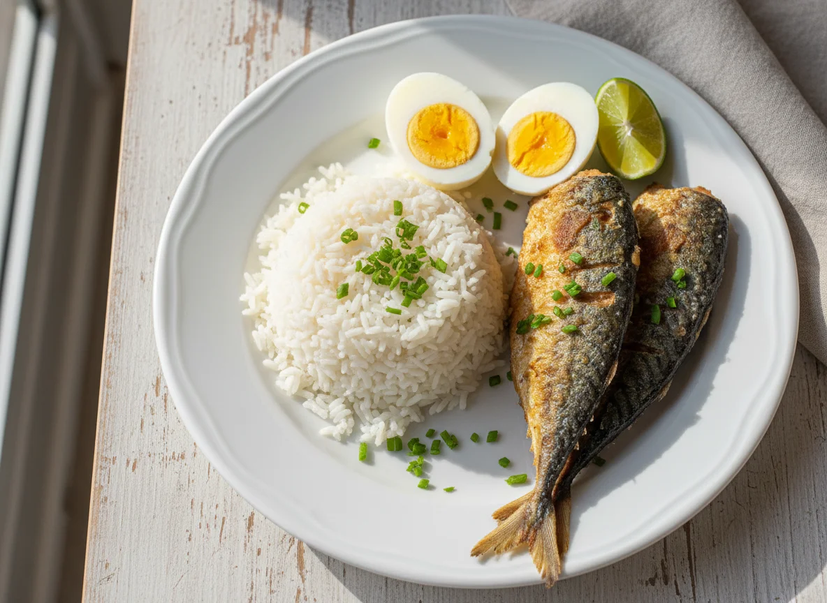 Arroz, peixe frito e ovos cozidos photo