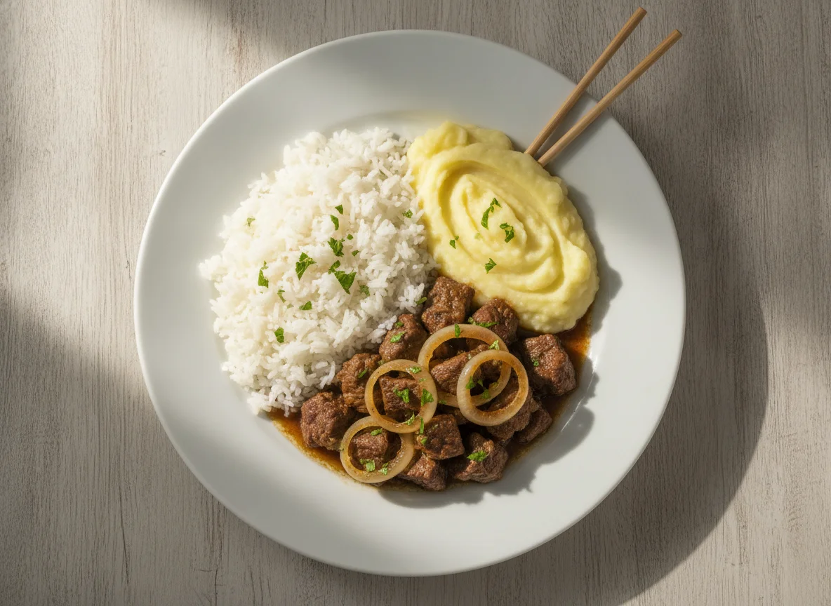 Arroz, purê de batata e carne acebolada photo