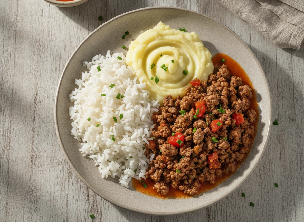 Arroz, purê de batata e carne moída photo