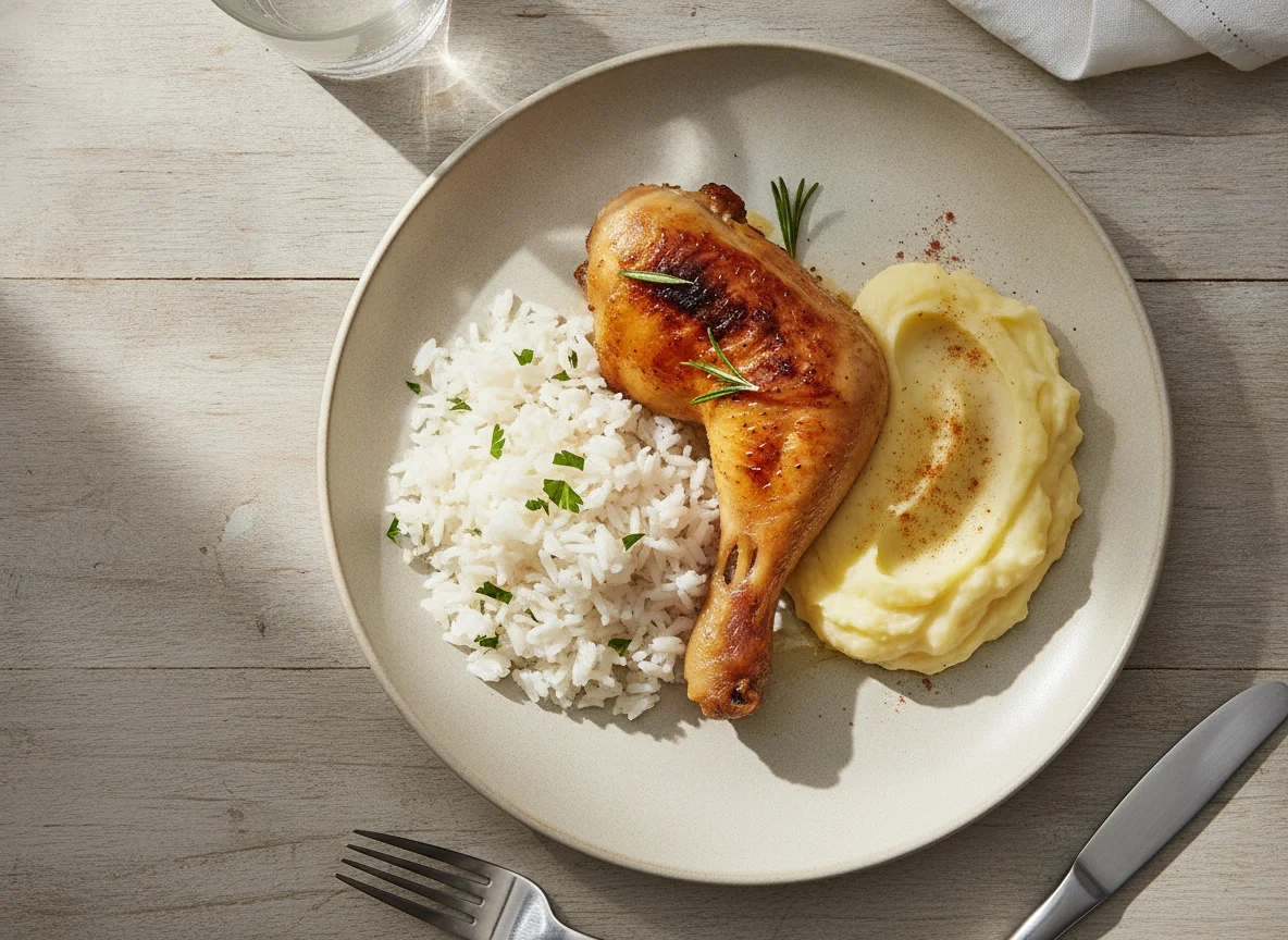 Arroz, purê de batata e coxa de frango assada photo