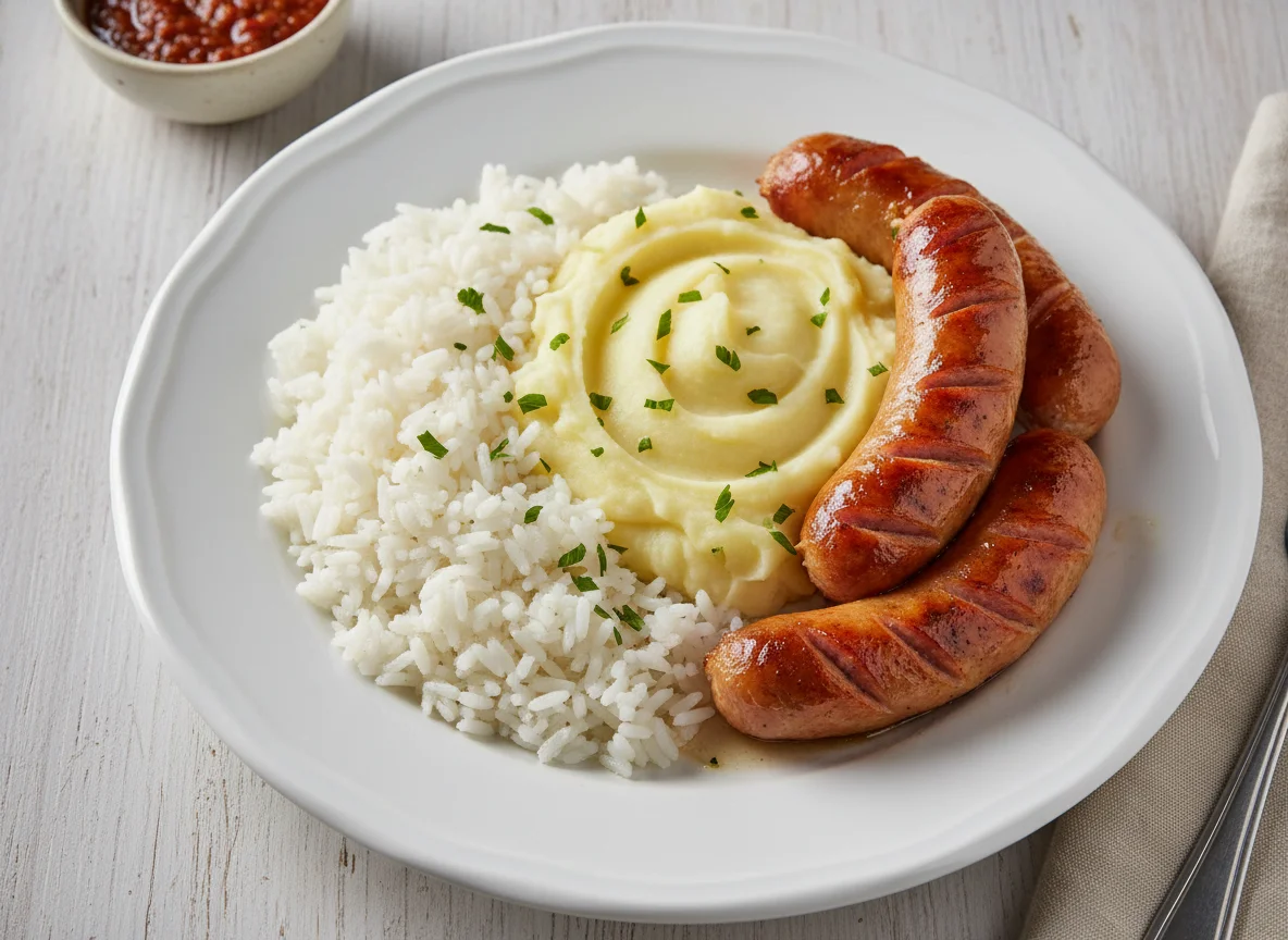 Arroz, purê de batata e linguiça photo