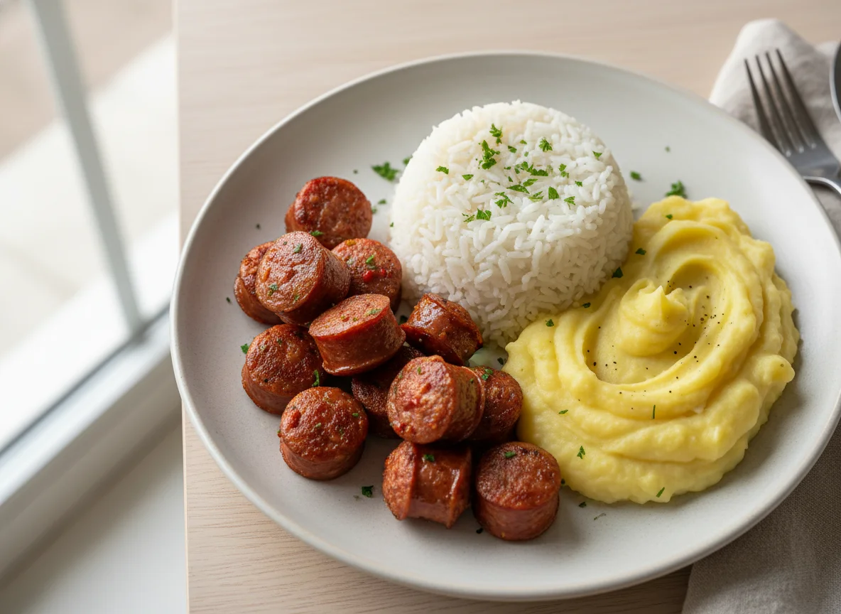 Arroz, purê de batata e linguiça frita photo