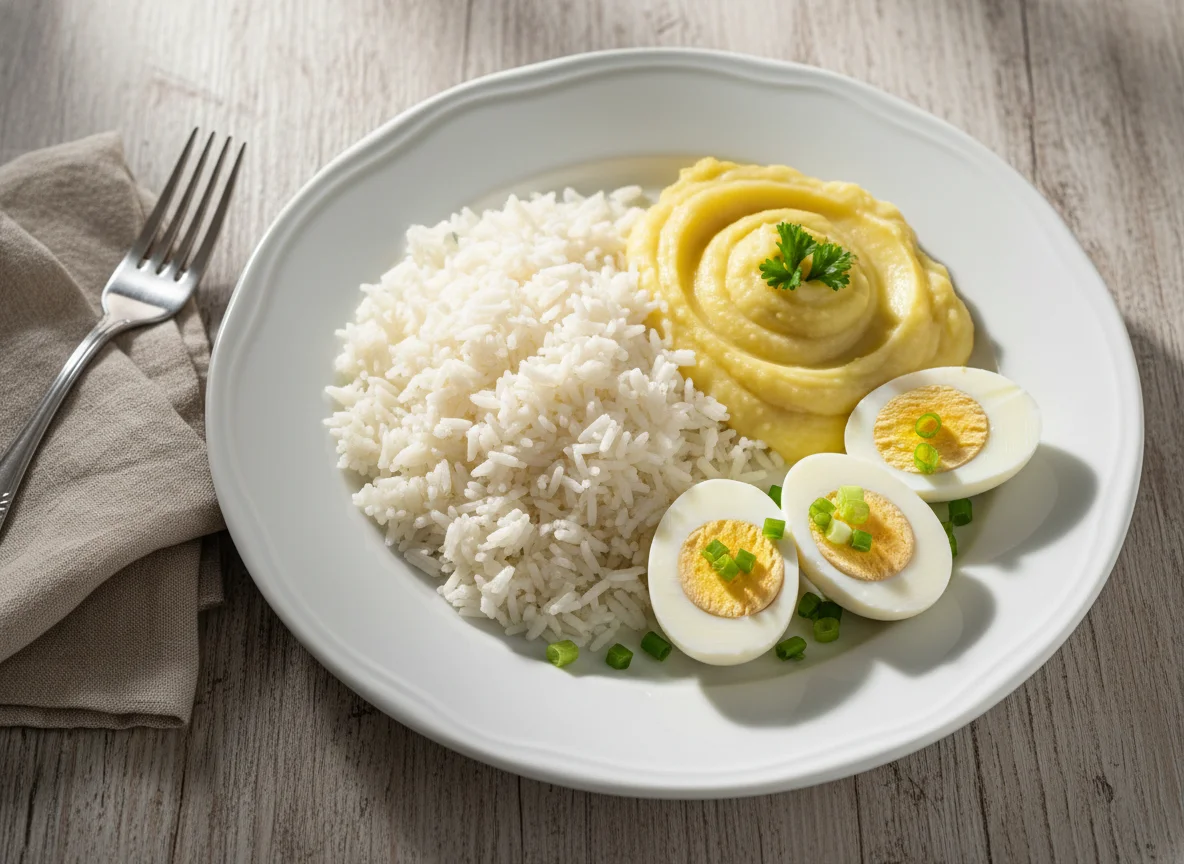 Arroz, purê de batata e ovos cozidos photo