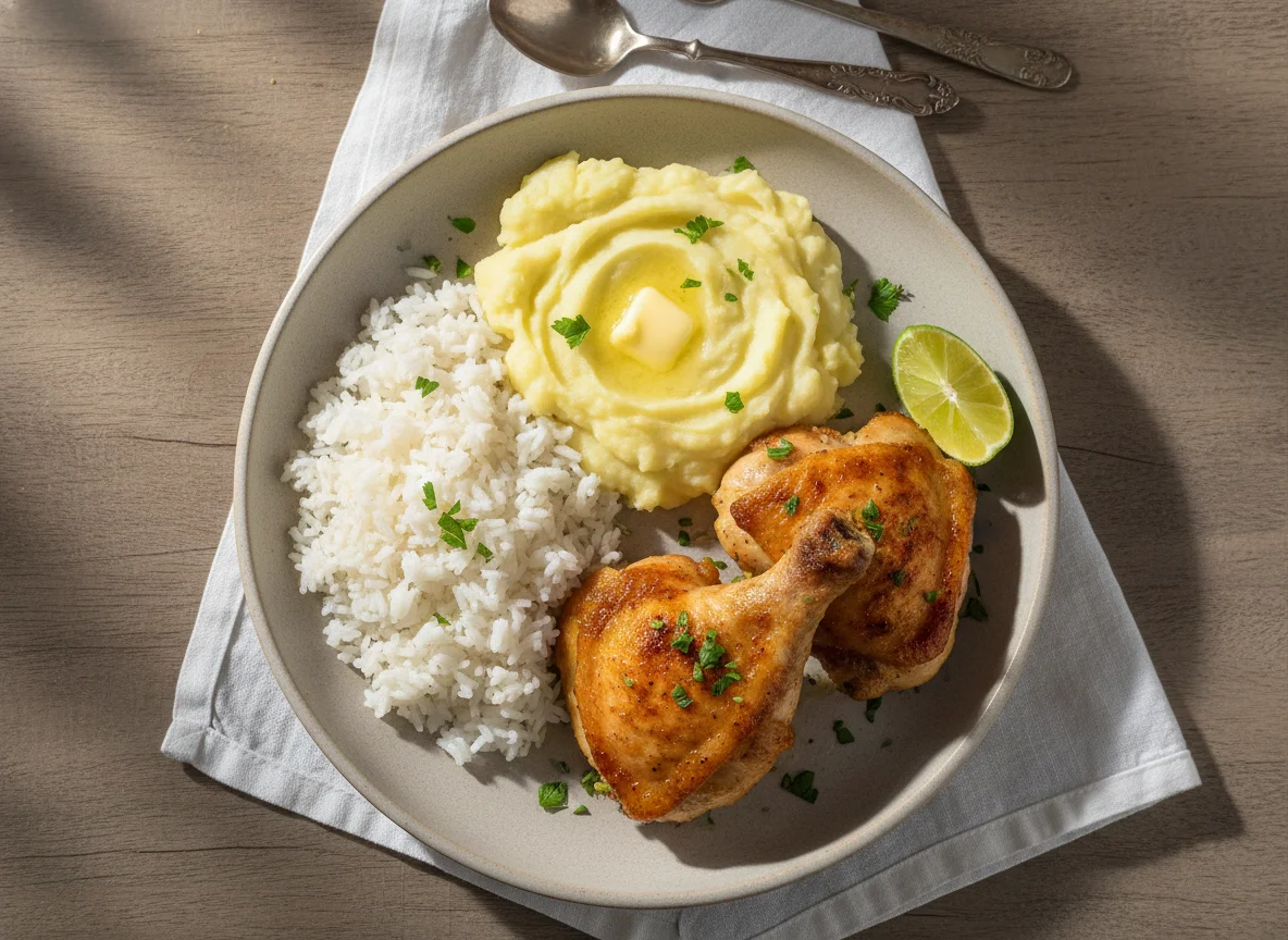 Arroz, purê de batata e sobrecoxa de frango na Air fryer photo