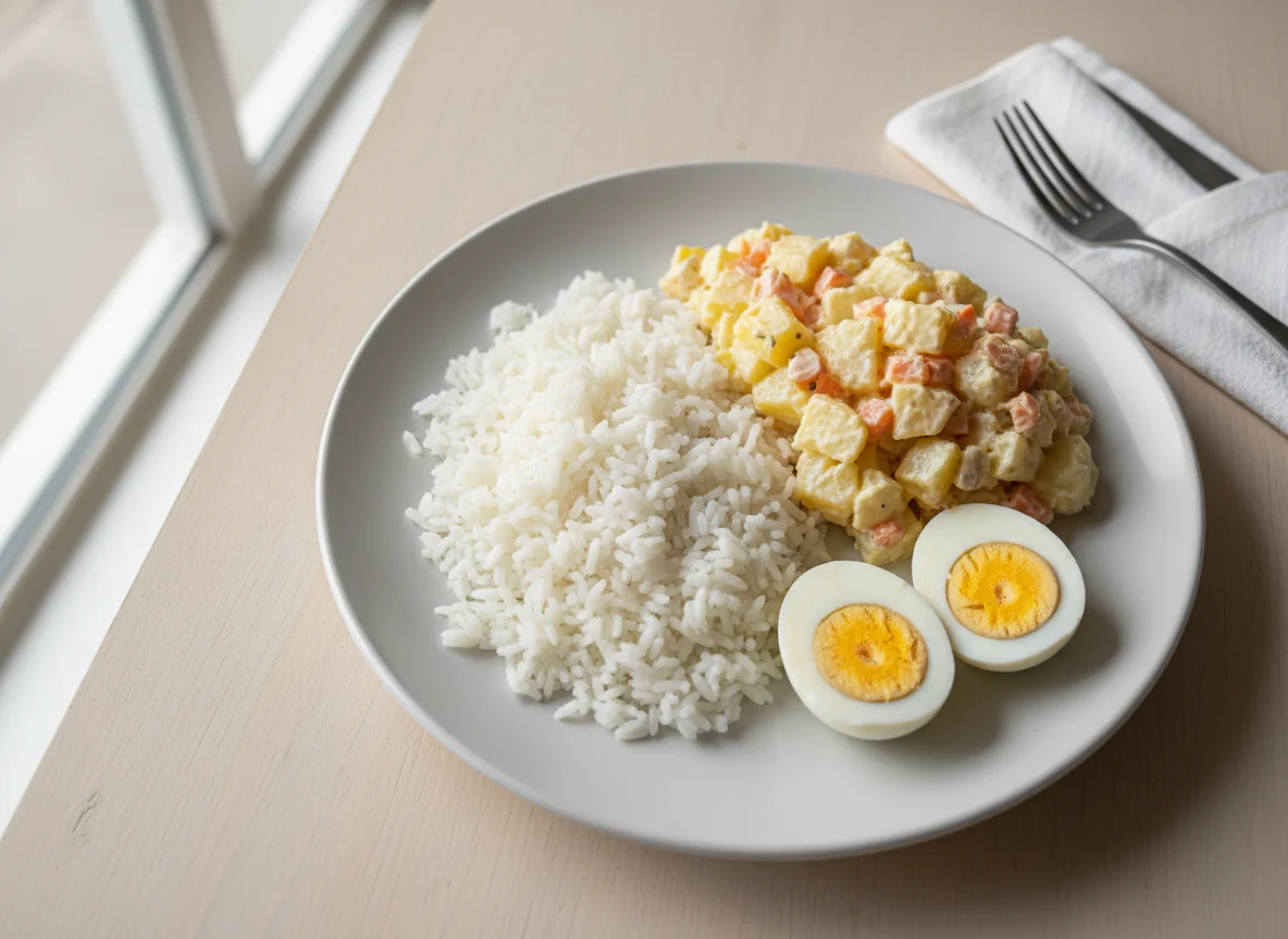 Arroz, salada de maionese e ovos cozidos photo