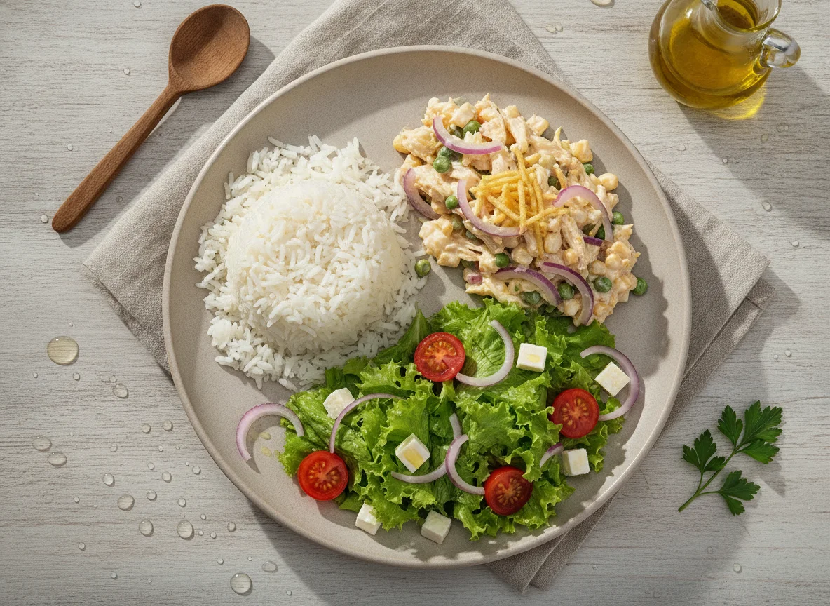 Arroz, Salpicão de Frango e Salada Verde photo