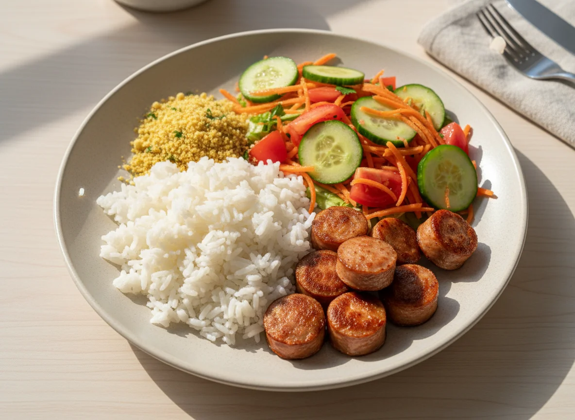 Arroz, salsicha e salada photo