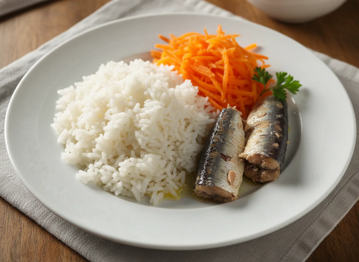 Arroz, sardinha e cenoura ralada photo