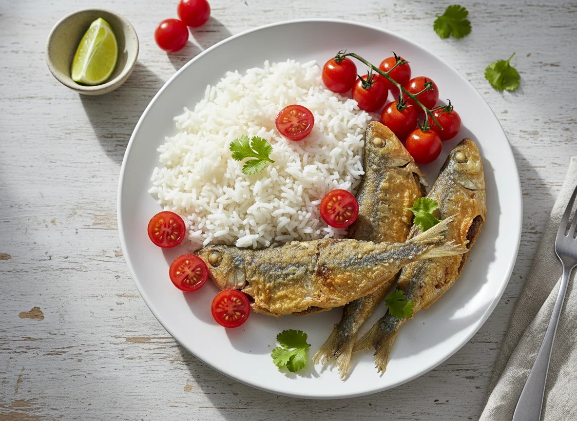 Arroz, sardinhas fritas e tomate cereja photo