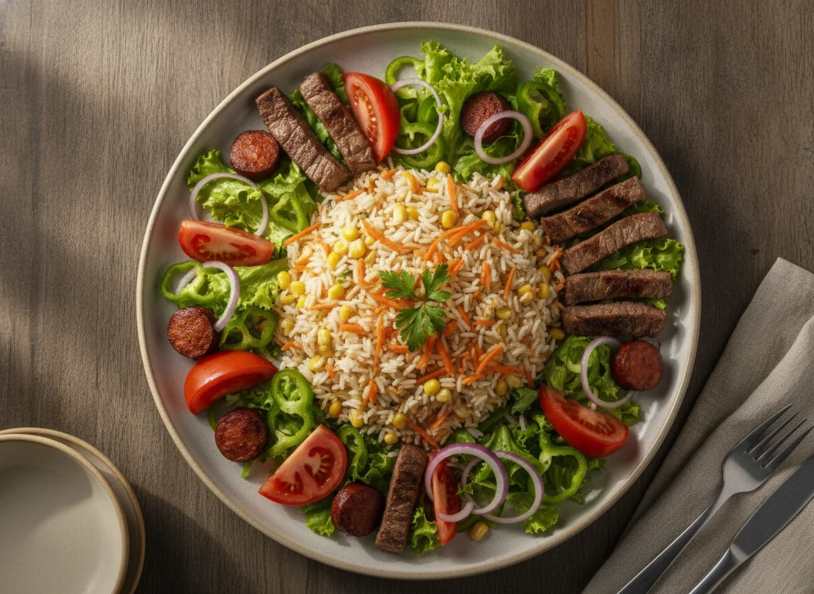 Arroz temperado com carne e salada photo