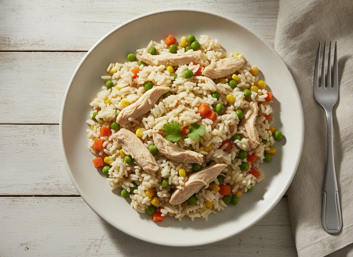 Arroz temperado com frango e vegetais photo