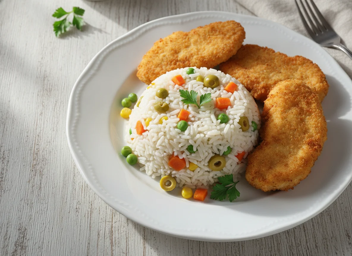 Arroz temperado com frango empanado photo