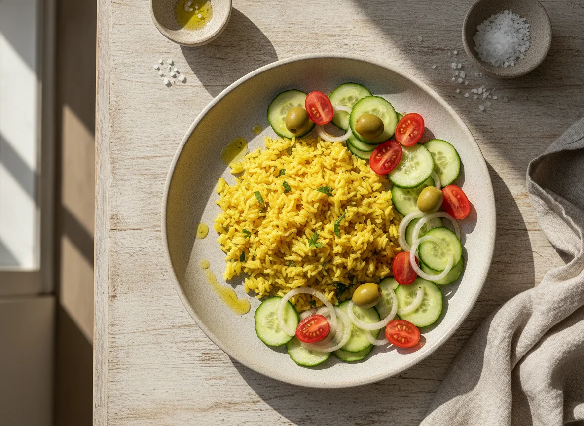 Arroz temperado com salada de pepino e azeitonas photo