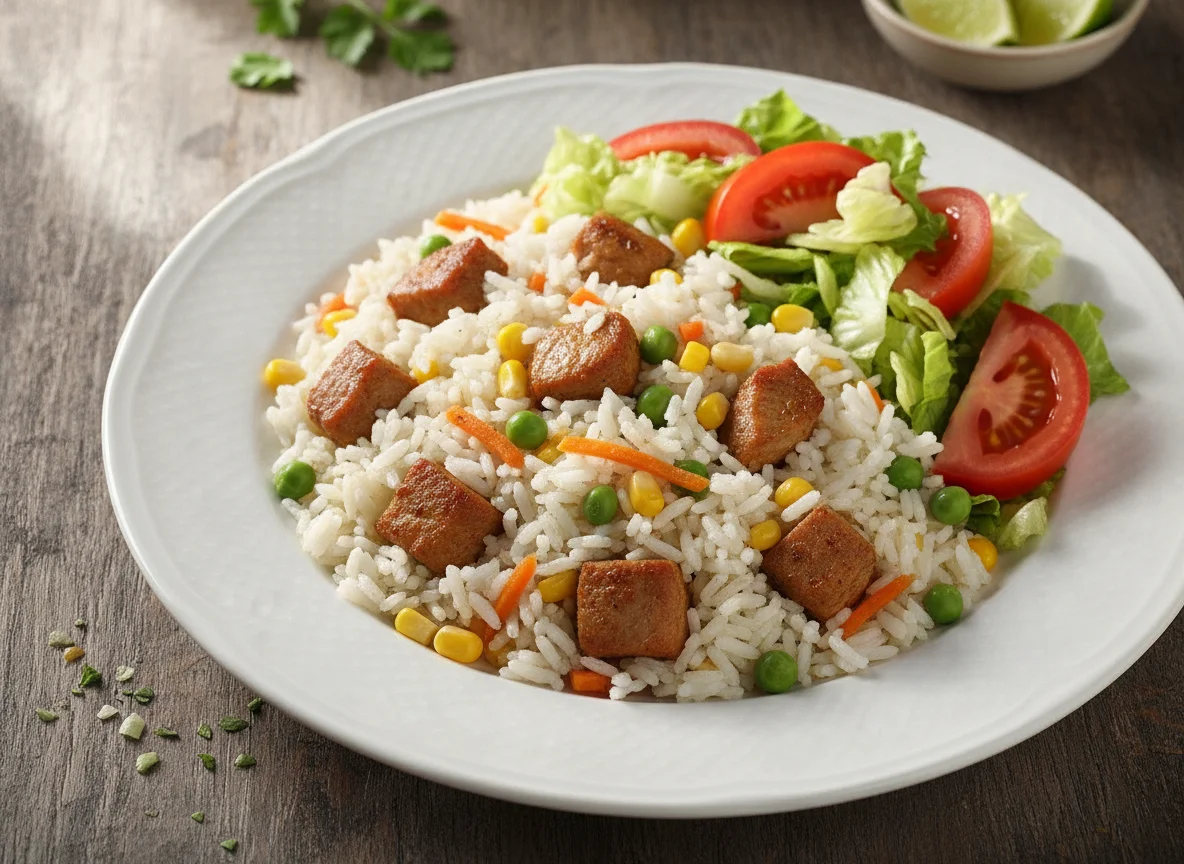 Arroz temperado com salada mista photo