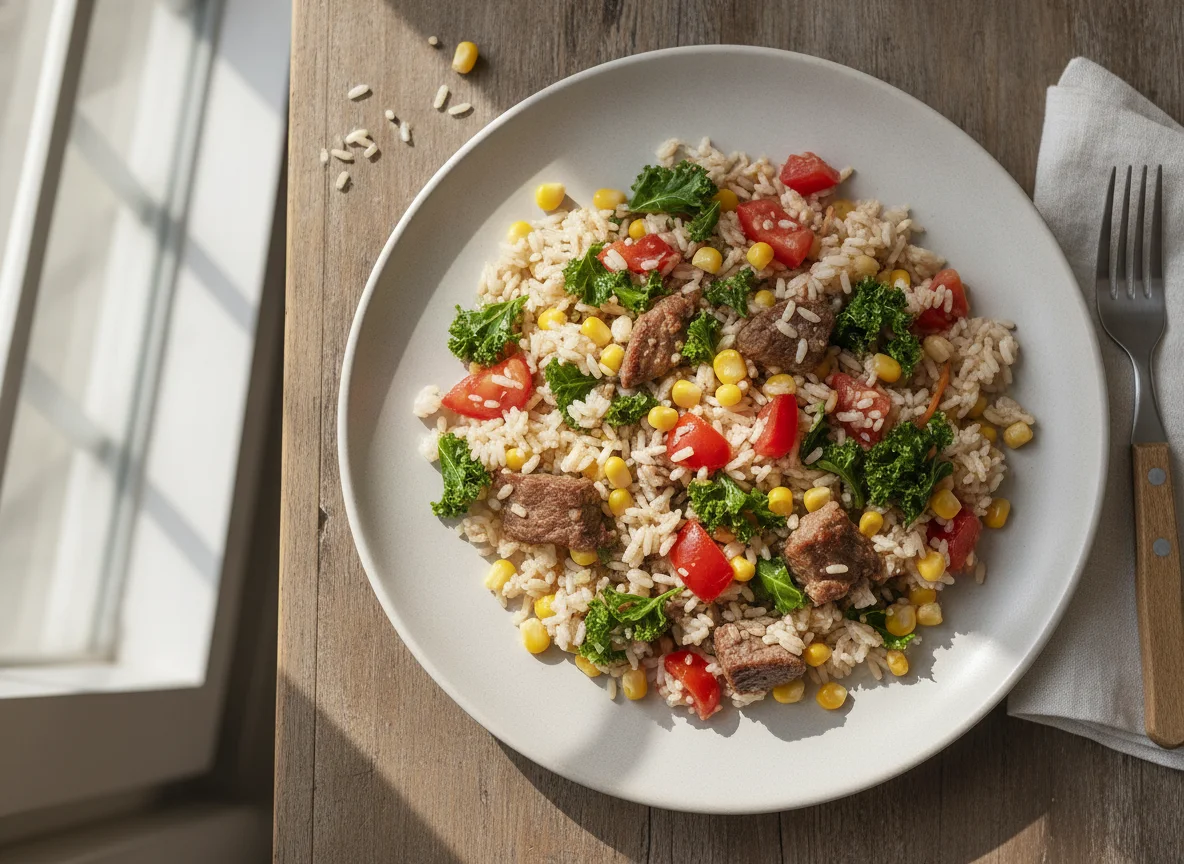 Arroz temperado com vegetais e carne photo