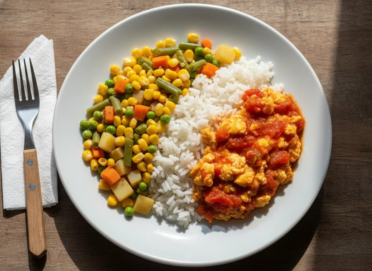 Arroz, vegetais mistos e ovos com molho de tomate photo