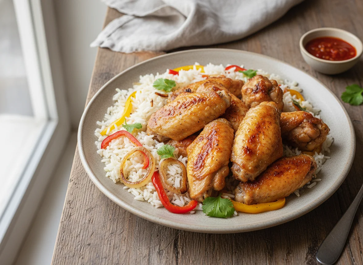 Asas de frango assadas com arroz e pimentos salteados photo