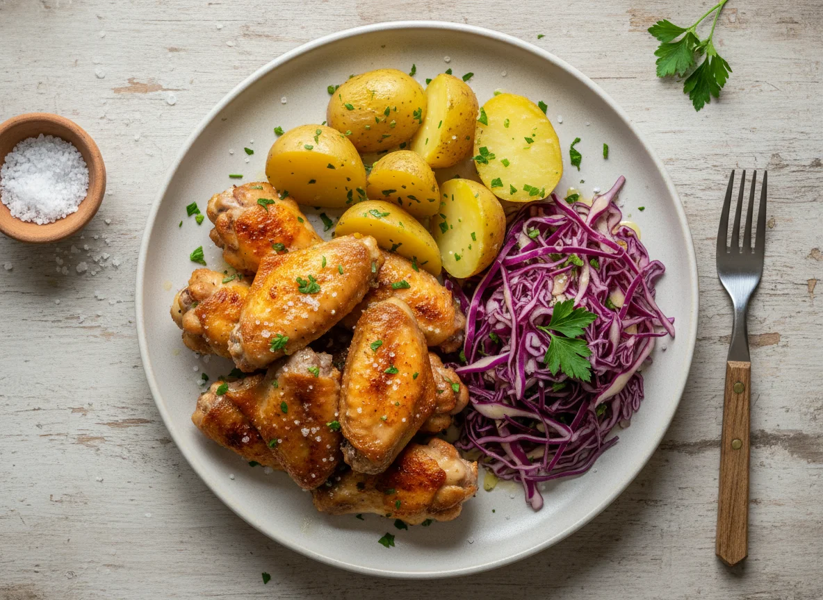 Asas de frango assadas com batatas e salada de repolho roxo photo