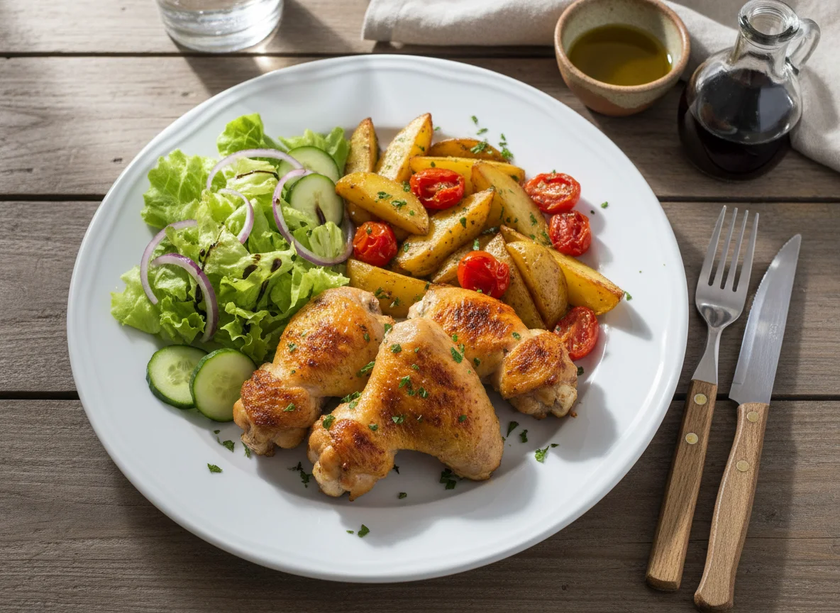 Asas de frango assadas com batatas e salada photo