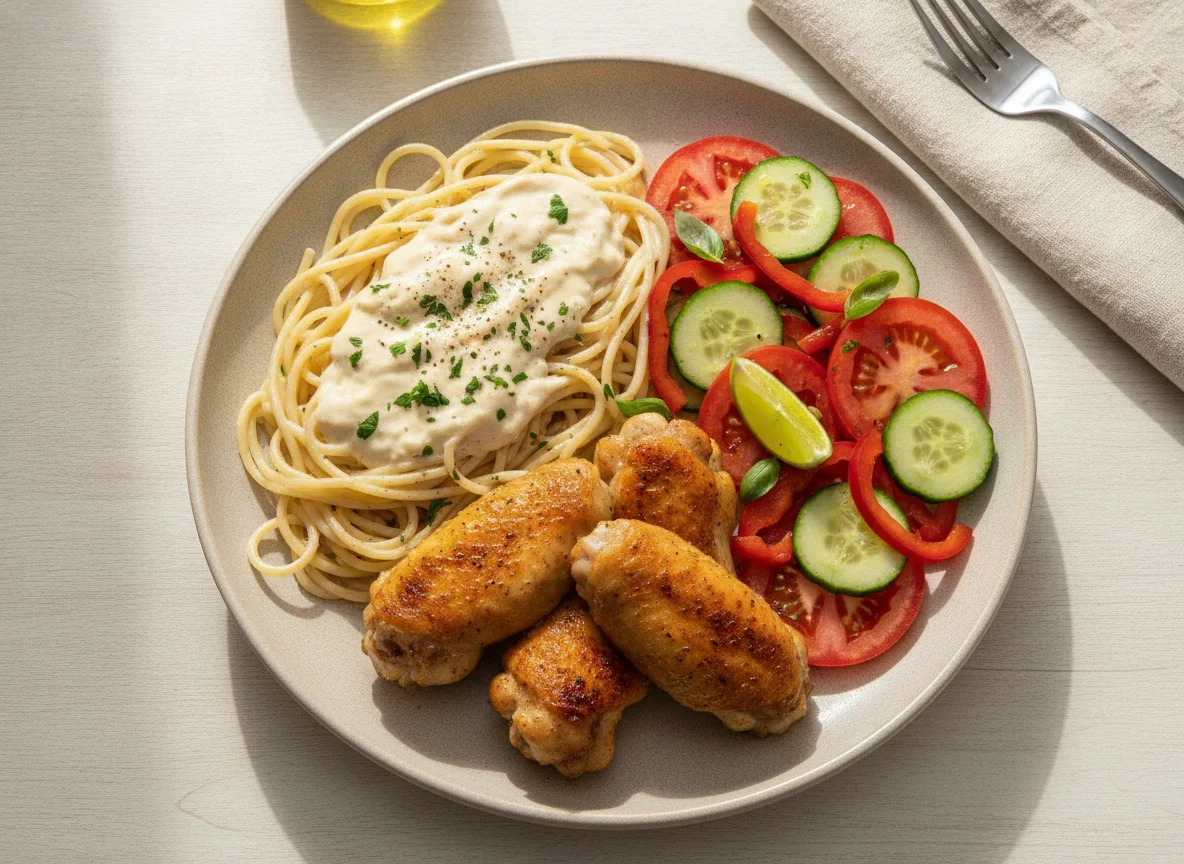 Asas de frango assadas com espaguete ao molho branco e salada photo