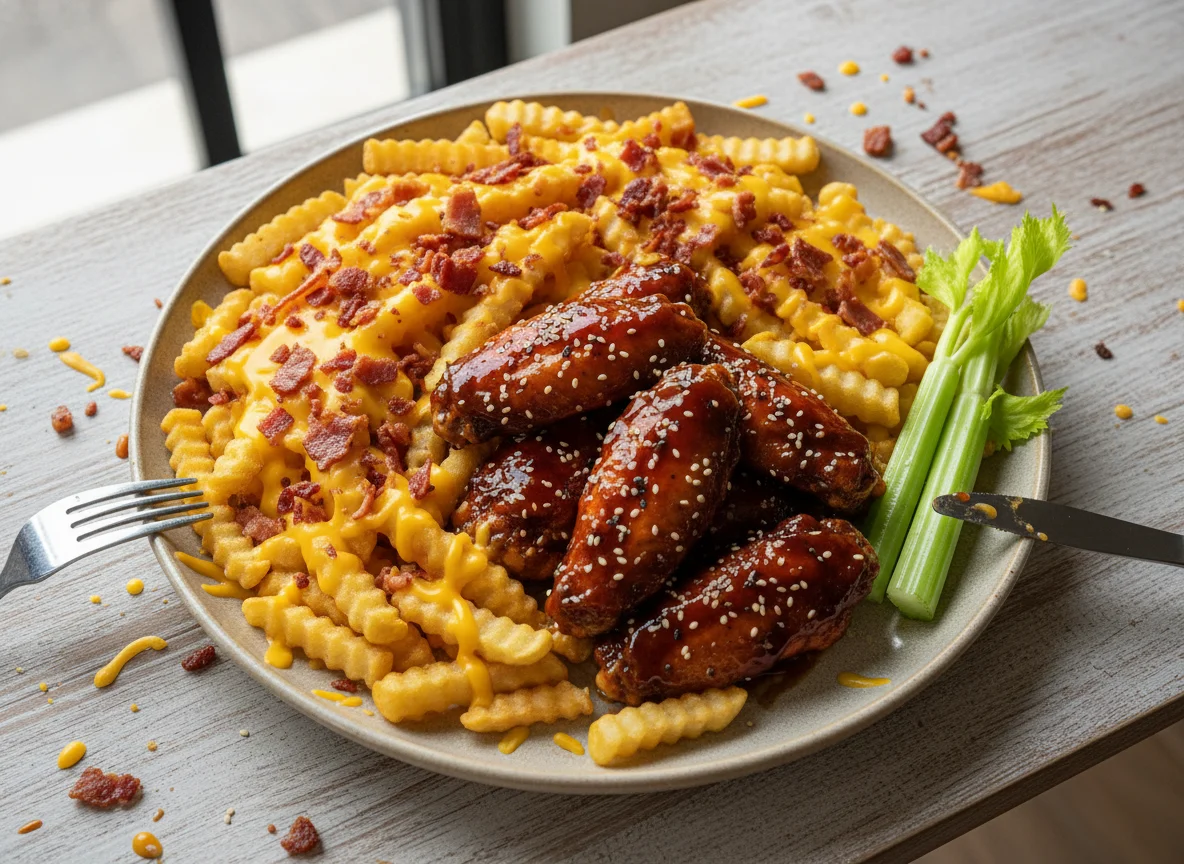 Asas de frango, batatas fritas com queijo e bacon, e aipo photo