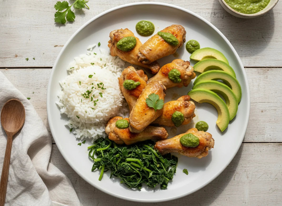 Asas de frango com arroz, abacate e vegetais photo