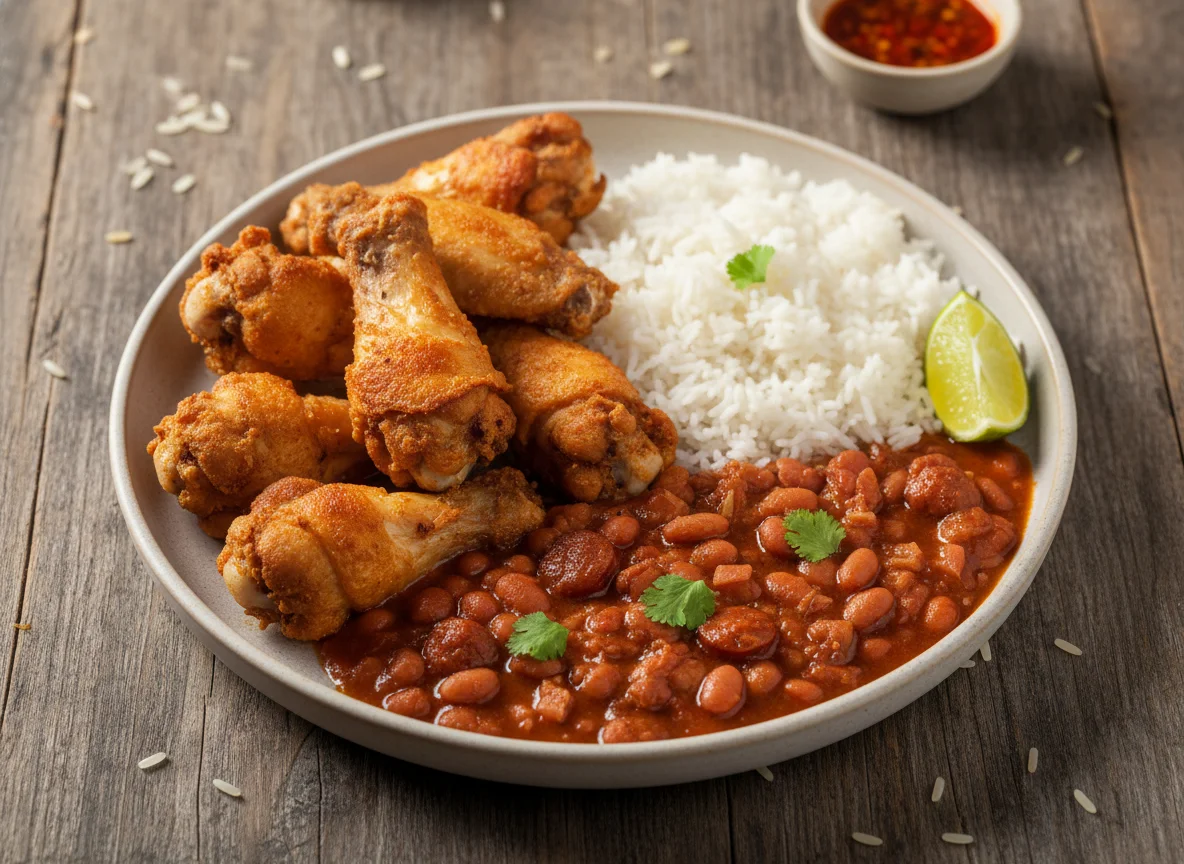 Asas de frango com arroz e feijão photo