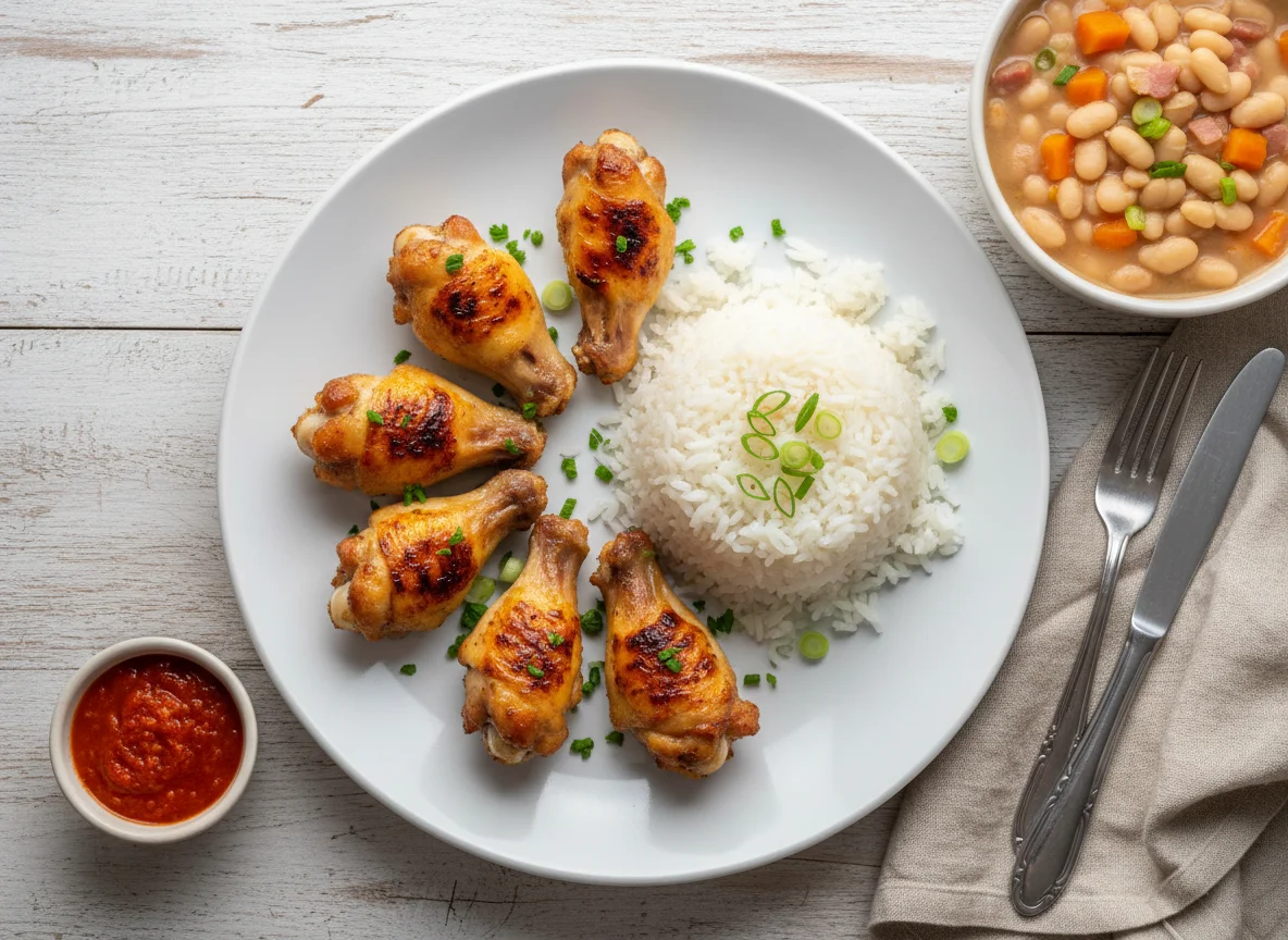 Asas de frango com arroz e feijão branco photo