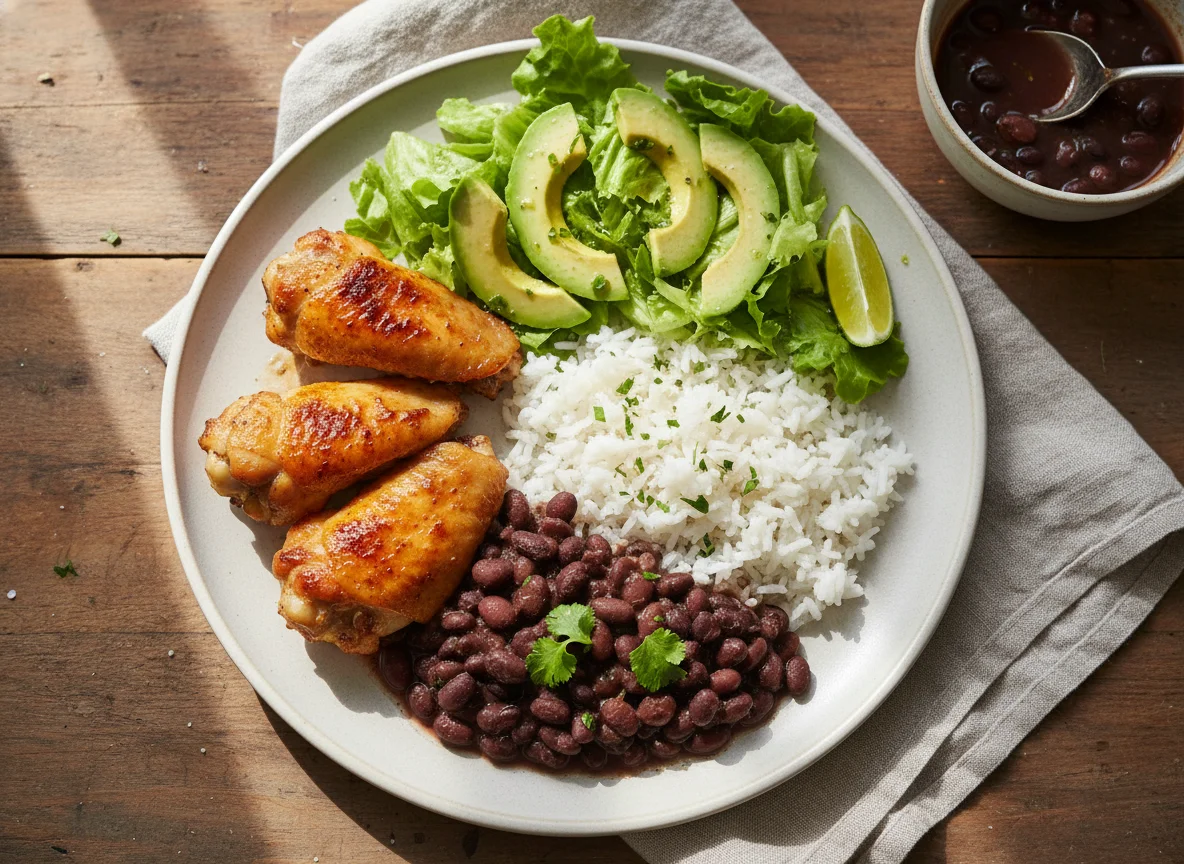 Asas de frango com arroz, feijão e salada de alface e abacate photo